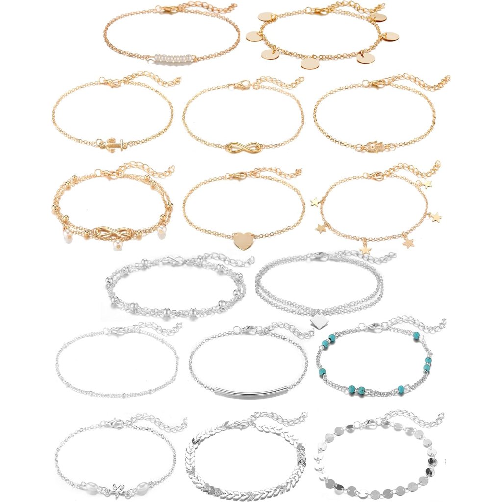 16pcs Ankle Bracelets For Women Gold Silver Two Style Chain Beach Anklet Bracele